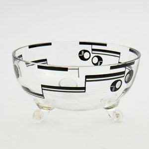 Art deco glass bowl with black geometric pattern