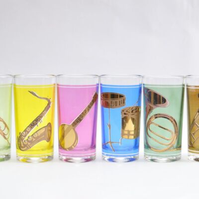 Komplet szklanek z instrumentami muzycznymi, Włochy, lata 60.