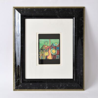 Grafika - pejzaż abstrakcyjny, aut. Friedensreich Hundertwasser, lata 80.