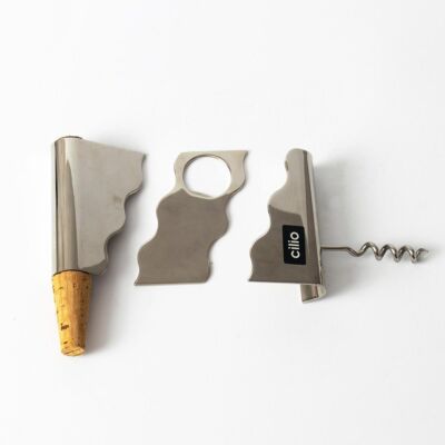 Zestaw barowy Cilio – otwieracz, korkociąg i korek, postmodernizm, lata 90.